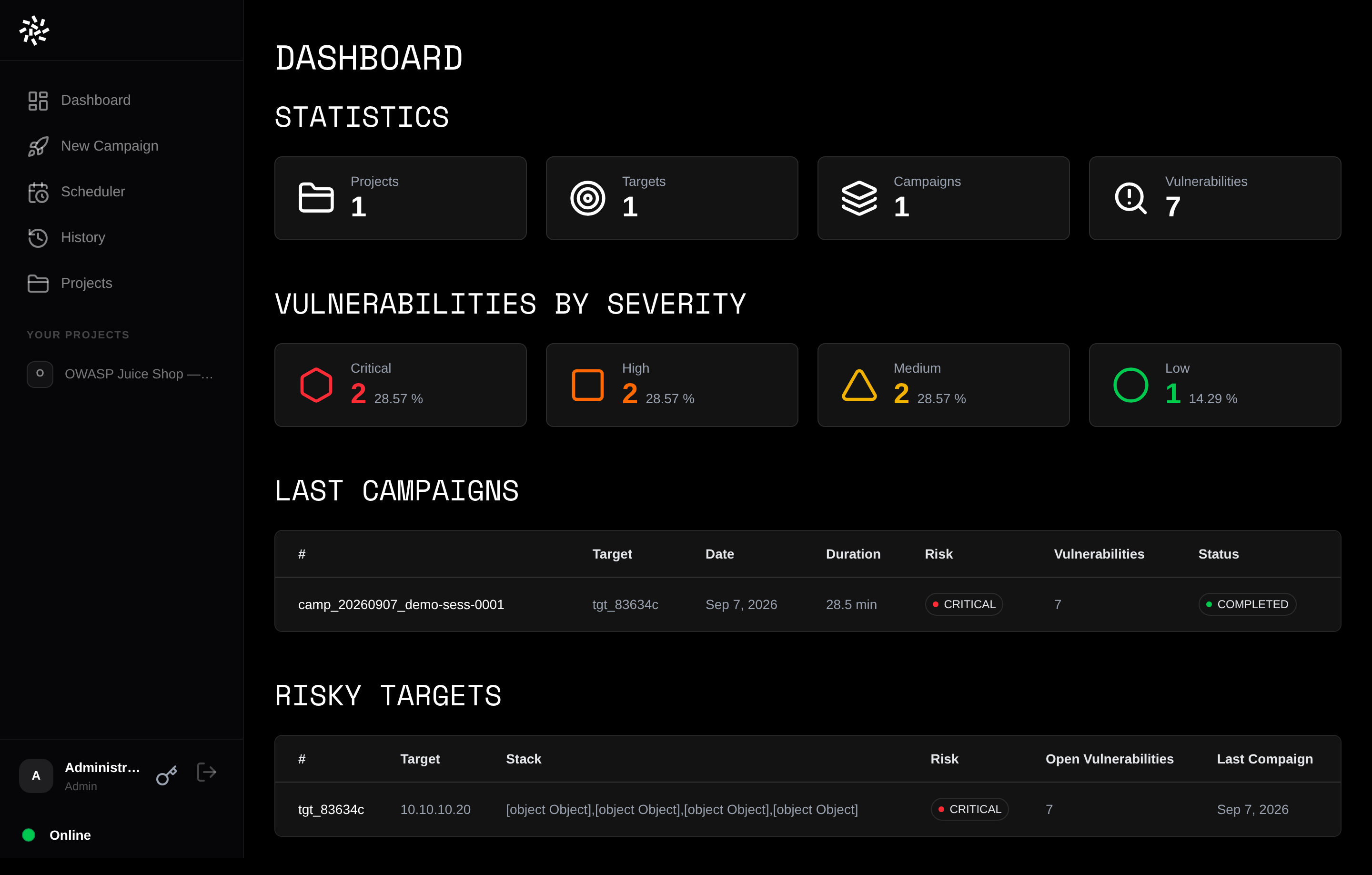 Darkmoon dashboard overview with live statistics