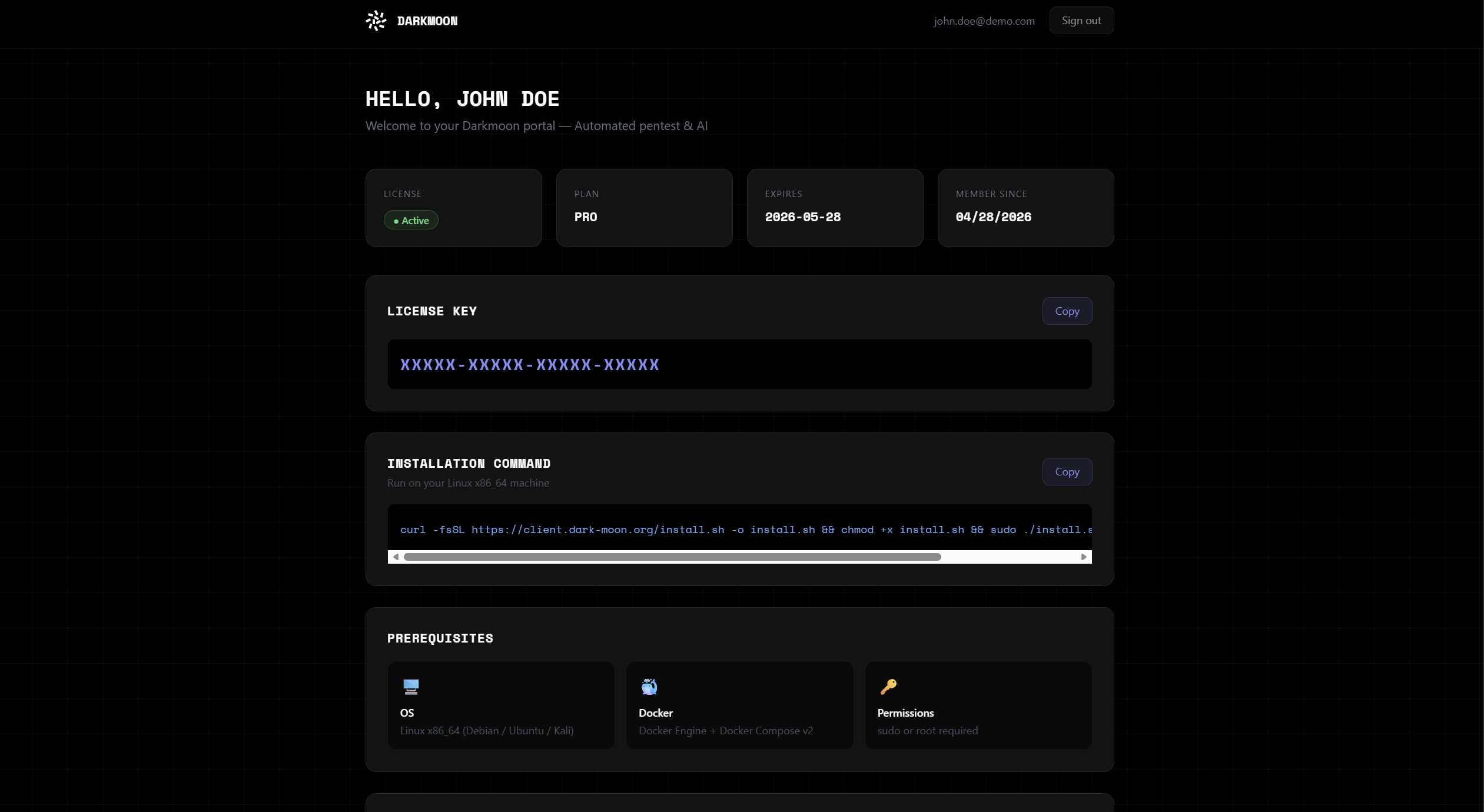 Customer portal — licence key