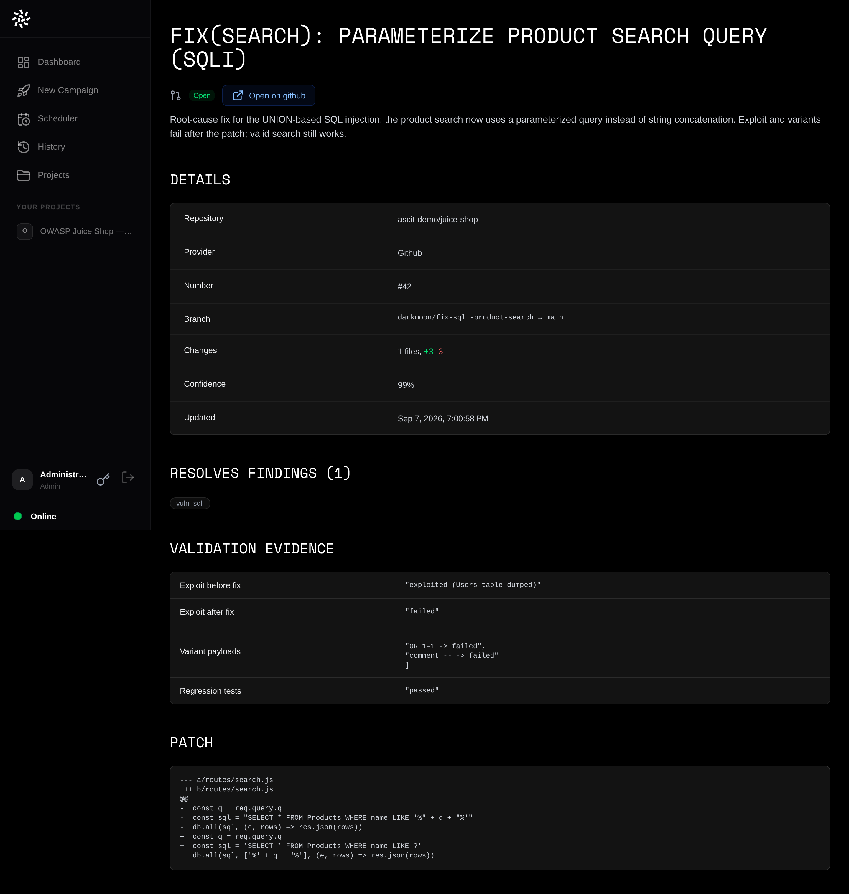 Remediation pull-request detail page with before/after validation